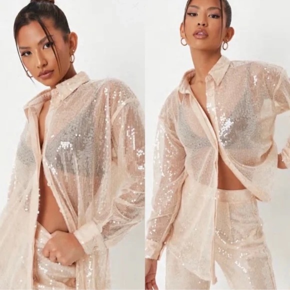 Missguided Tops - Missguided Sequin Oversized Shirt in Champagne